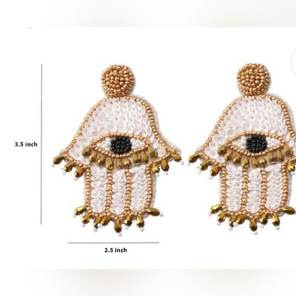 White Seeded Beaded Hamsa Design Earrings In Goldtone View 5